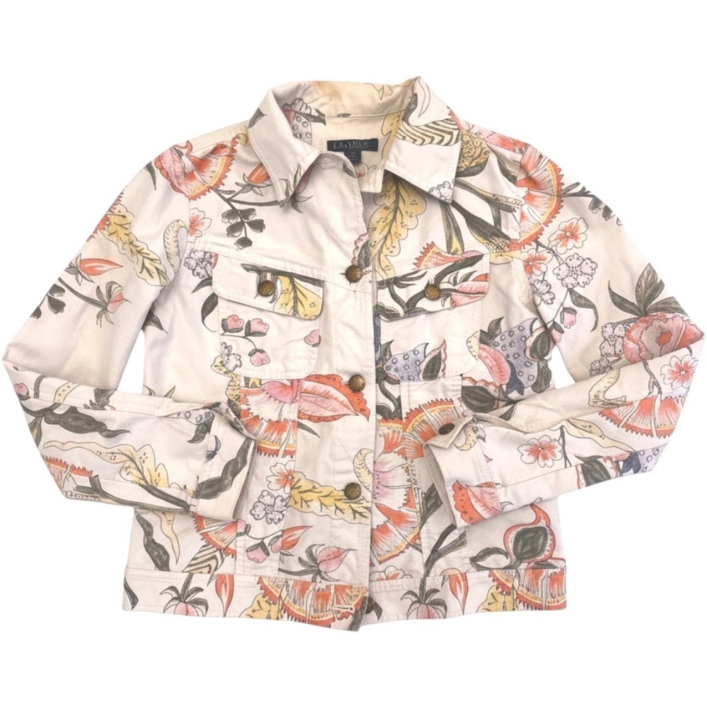 Lauren Ralph Lauren Floral Cotton Canvas Trucker Jacket Cream Orange Small W125